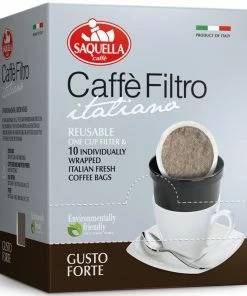 Saquella Caffé Filtro Gusto Forte Reusable One Cup Filter & 10 X Italian Coffee Bags